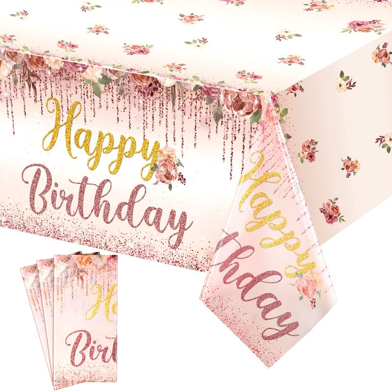 Tiamon 3 Pcs Happy Birthday Tablecloth Floral Table Cover Rose Gold Pink Disposable Plastic Decor for Girls Kids Baby Shower Party Supplies