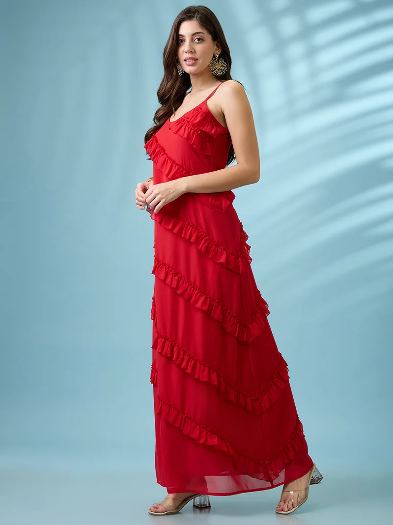 جلو باص فستان سهرة نسائي طويل من الشيفون بياقة واسعة وأكمام رفيعة وتفاصيل كشكش