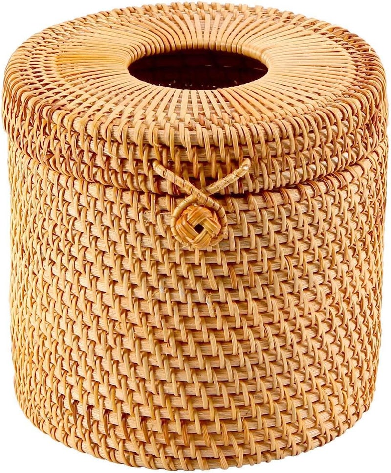 Hand-woven toilet paper box with lid (bathroom single roll paper towel storage box) Brown - Image 1