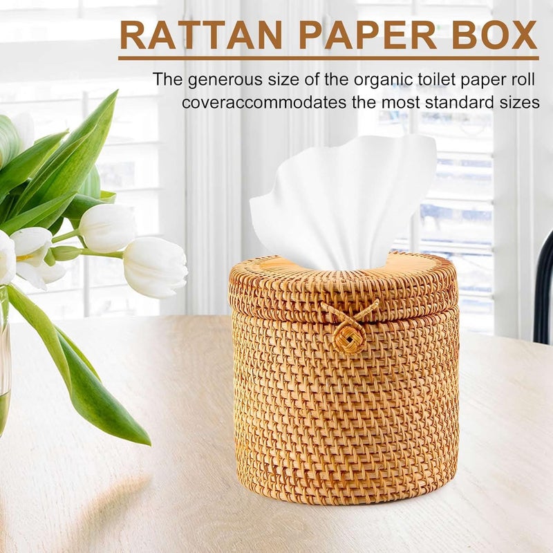 Hand-woven toilet paper box with lid (bathroom single roll paper towel storage box) Brown - Image 3