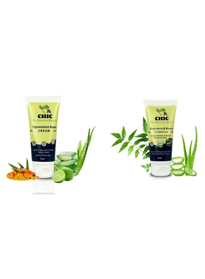 CHIC The Botanical Beauty Combo of Pigmentation Repair Cream and Aloe Vera & Neem Face and Body Scrub, 50 gm, Clear, Bright, Glowing Skin - Image 1