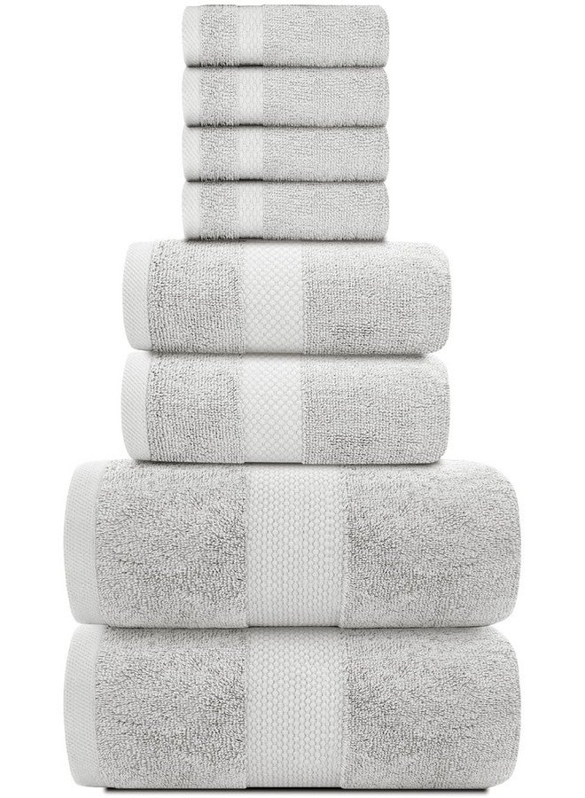 White Classic مجموعة مناشف استحمام فاخرة بيضاء كلاسيكية مكونة من 8 قطع - 100% قطن تركي مناشف عالية الامتصاص للحمام، 2 منشفة استحمام فاخرة 700GSM، 2 منشفة يد، 4 قماشات غسيل، فضي - Image 2