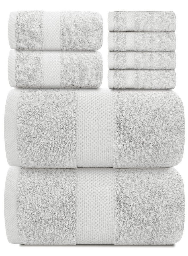 White Classic مجموعة مناشف استحمام فاخرة بيضاء كلاسيكية مكونة من 8 قطع - 100% قطن تركي مناشف عالية الامتصاص للحمام، 2 منشفة استحمام فاخرة 700GSM، 2 منشفة يد، 4 قماشات غسيل، فضي - Image 1
