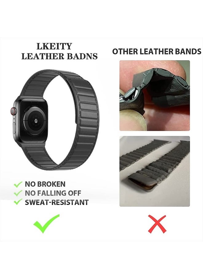 LKEITY - Magnetic Leather Bands Compatible with Apple Watch Band 49mm 45mm 44mm 42mm 41mm 40mm, Thin Leather Link Loop Replacement Wristband with Strong Magnet for iWatch SE SE2& Series 8/7/6/5/4/3. Men Poppy - Image 1