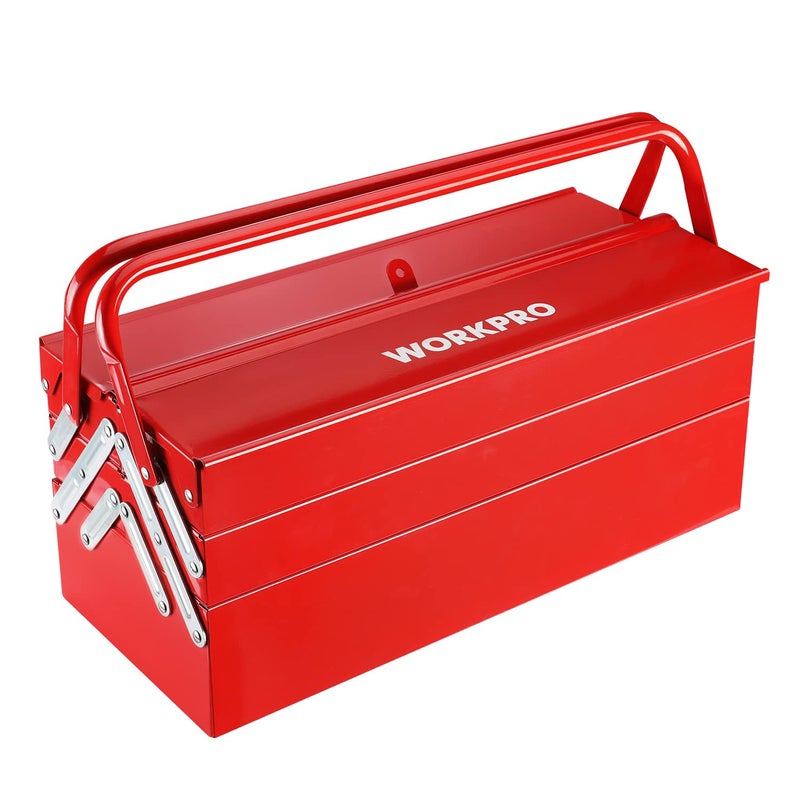 WORKPRO Metal Tool Box, 18-inch Cantilever Folding Red Storage Box, 3-Layer 5-Tray Multi-Function Tool Organizer, Red - Image 1
