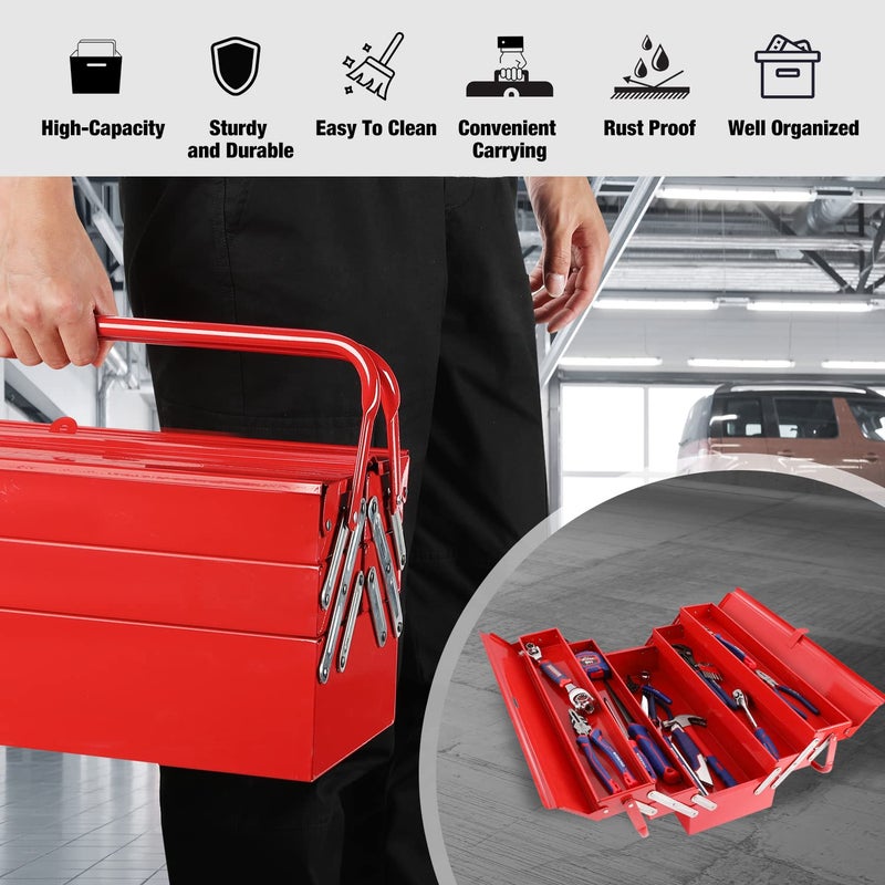 WORKPRO Metal Tool Box, 18-inch Cantilever Folding Red Storage Box, 3-Layer 5-Tray Multi-Function Tool Organizer, Red - Image 4
