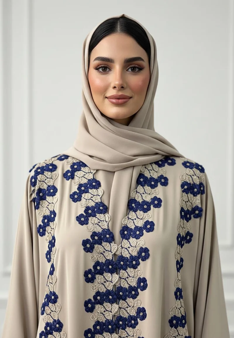 نخبة Farida Contrast Floral Lace Abaya | Nida Fabric-909
