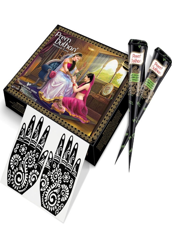 Prem Dulhan Natural Henna Mehandi Cones 12 Pcs Box with Stencils, Brown Mehendi Cones, for Bridal and Festivals, Easy Application, Flower Design Stencil - Image 2