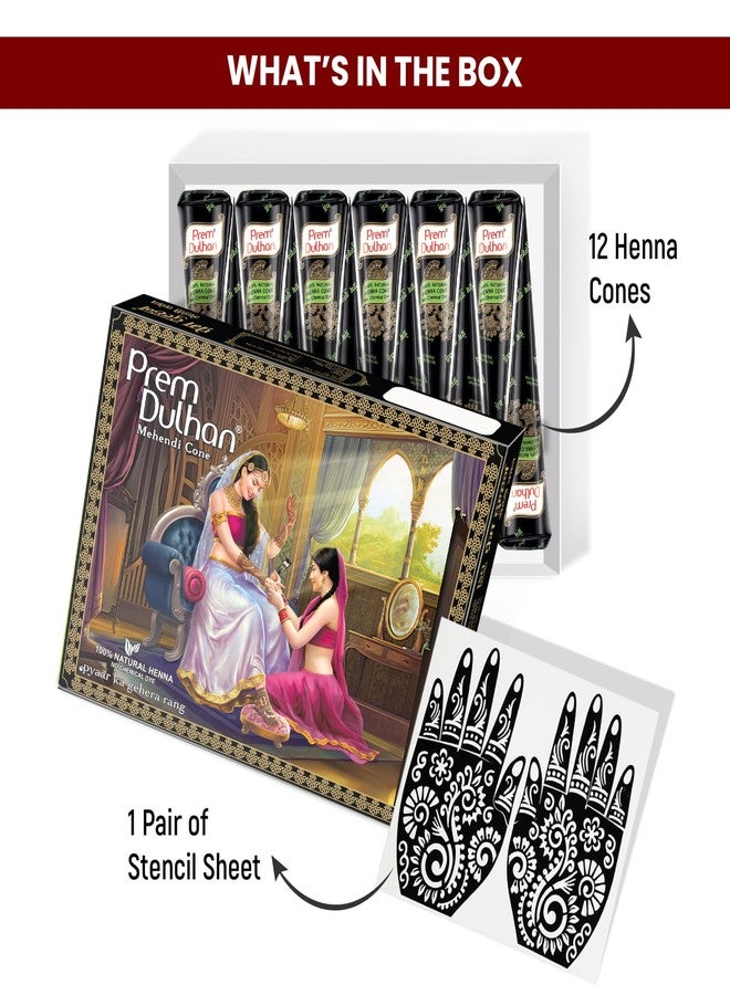 Prem Dulhan Natural Henna Mehandi Cones 12 Pcs Box with Stencils, Brown Mehendi Cones, for Bridal and Festivals, Easy Application, Flower Design Stencil - Image 3