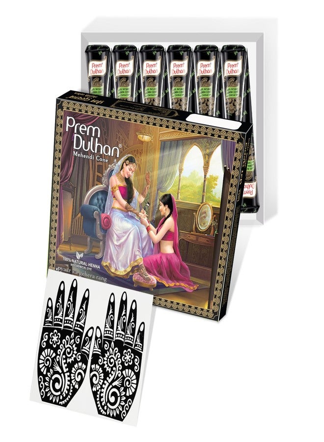 Prem Dulhan Natural Henna Mehandi Cones 12 Pcs Box with Stencils, Brown Mehendi Cones, for Bridal and Festivals, Easy Application, Flower Design Stencil - Image 1