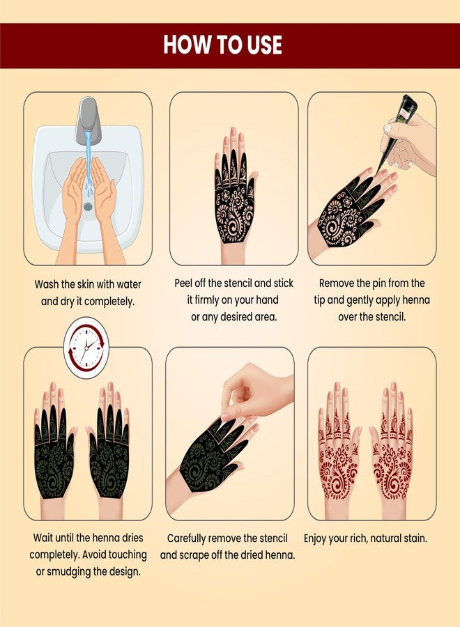 Prem Dulhan Natural Henna Mehandi Cones 12 Pcs Box with Stencils, Brown Mehendi Cones, for Bridal and Festivals, Easy Application, Flower Design Stencil - Image 4