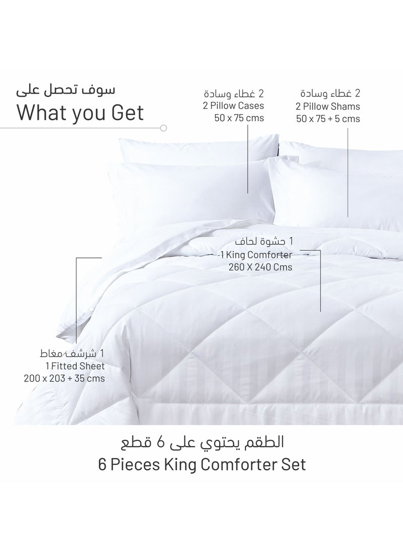 دوناتيلا - 6 قطع مفرش ستايل فندقي مقلم مايكروفايبر، خياطة دايموند، مزدوج 240x260 سم، ابيض - Image 1