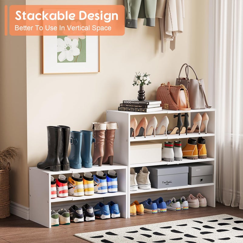 Hencawima 2-Tier Expandable White Shoe Rack Organizer for Closet, Stackable Shoe Rack Storage Shelf, Small Iron Wood Combination Shoe Shelves for Closets,Entryway,Front Door, Narrow Space,Hallway,6-12 Pairs - Image 3