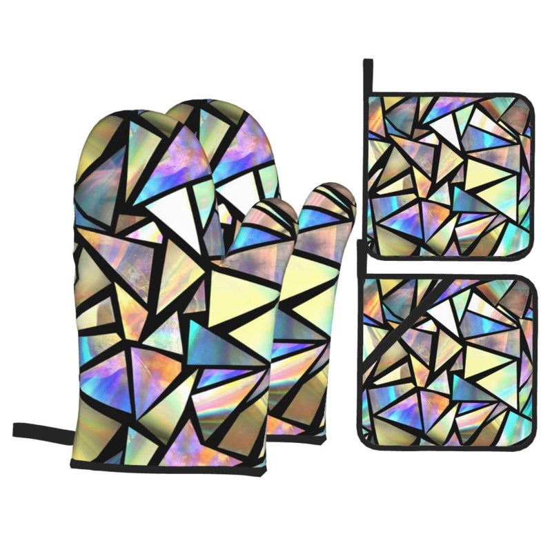 Iridescent Bright Triangles Oven Mitts and Pot Holders Set of 4 Oven Mittens and Potholders Heat Resistant Gloves for Kitchen Cooking Baking Grilling BBQ