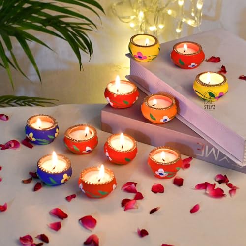 STLYZ Handmade Decorative 30 pcs. Matki Diyas with Wax Filled, Navratri and Diwali Matki Diya, Home Decor Diya, Colourful Festival Diya (Pack of 30) - Image 1