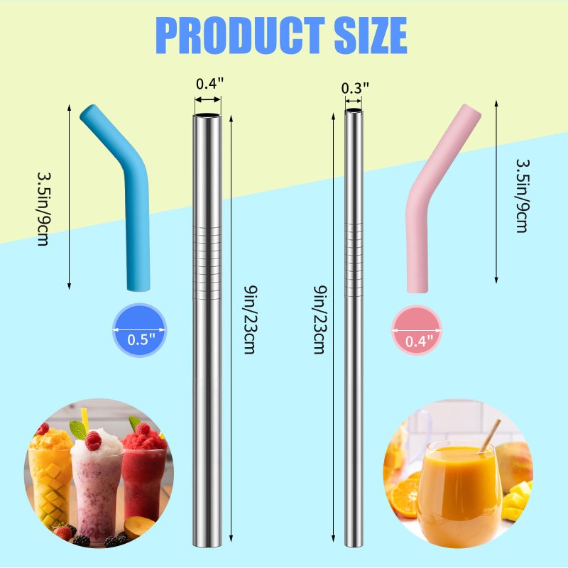 Ullnosoo 2 Size Stainless Steel Straw with Silicone Tip 6 Pack, 9 inch Reusable Metal Drinking Straws for Cocktail Glasses, 20 30 32oz Tumblers Cups, Smoothies, with Cleaning Brush & Portable Bag - Image 2