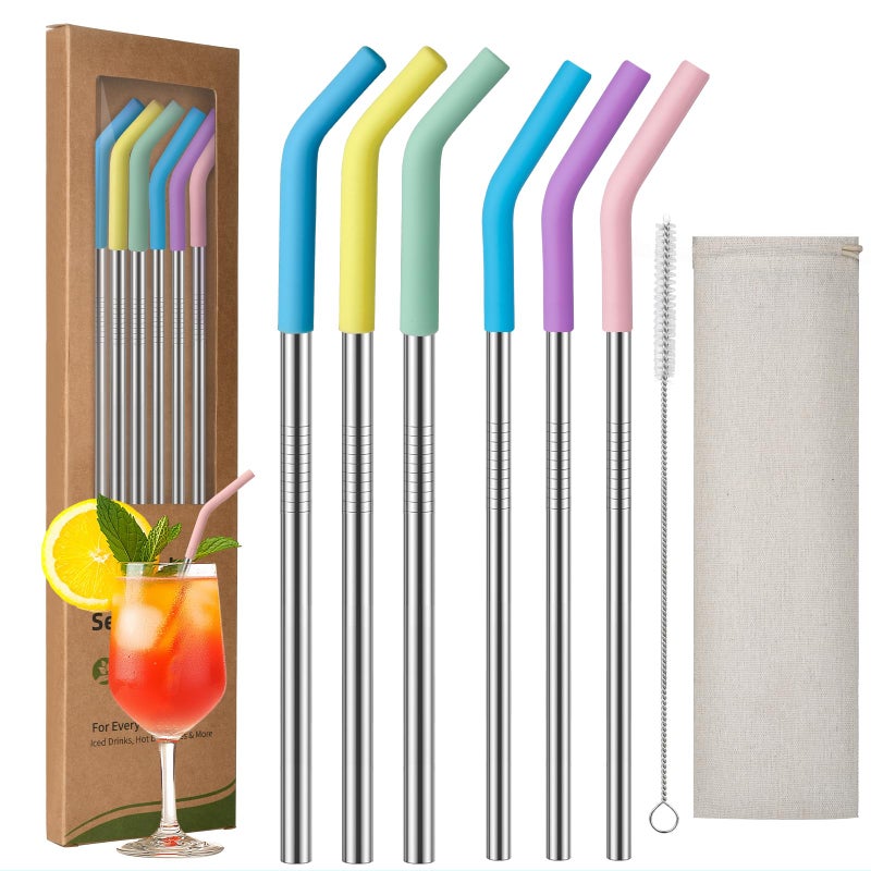 Ullnosoo 2 Size Stainless Steel Straw with Silicone Tip 6 Pack, 9 inch Reusable Metal Drinking Straws for Cocktail Glasses, 20 30 32oz Tumblers Cups, Smoothies, with Cleaning Brush & Portable Bag - Image 1