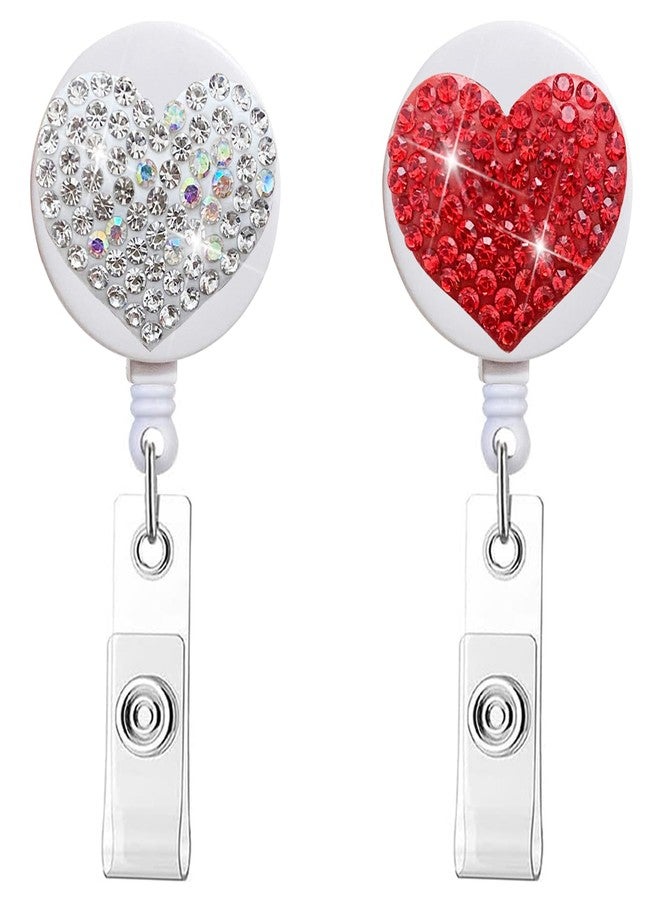 Anranmm 2 Pack Bling Heart Retractable ID Badge Holder Nurse Badge Reels with Clip, 24 inch Retractable Cord, Name Card Holders for Office Worker Doctor Girls Women - Image 1