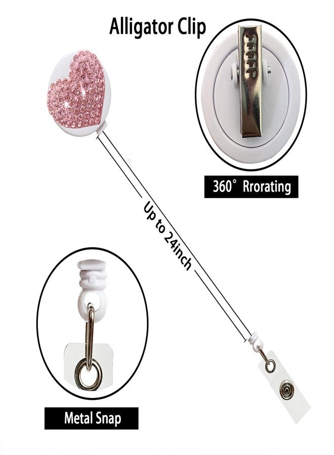 Anranmm 2 Pack Bling Heart Retractable ID Badge Holder Nurse Badge Reels with Clip, 24 inch Retractable Cord, Name Card Holders for Office Worker Doctor Girls Women - Image 2