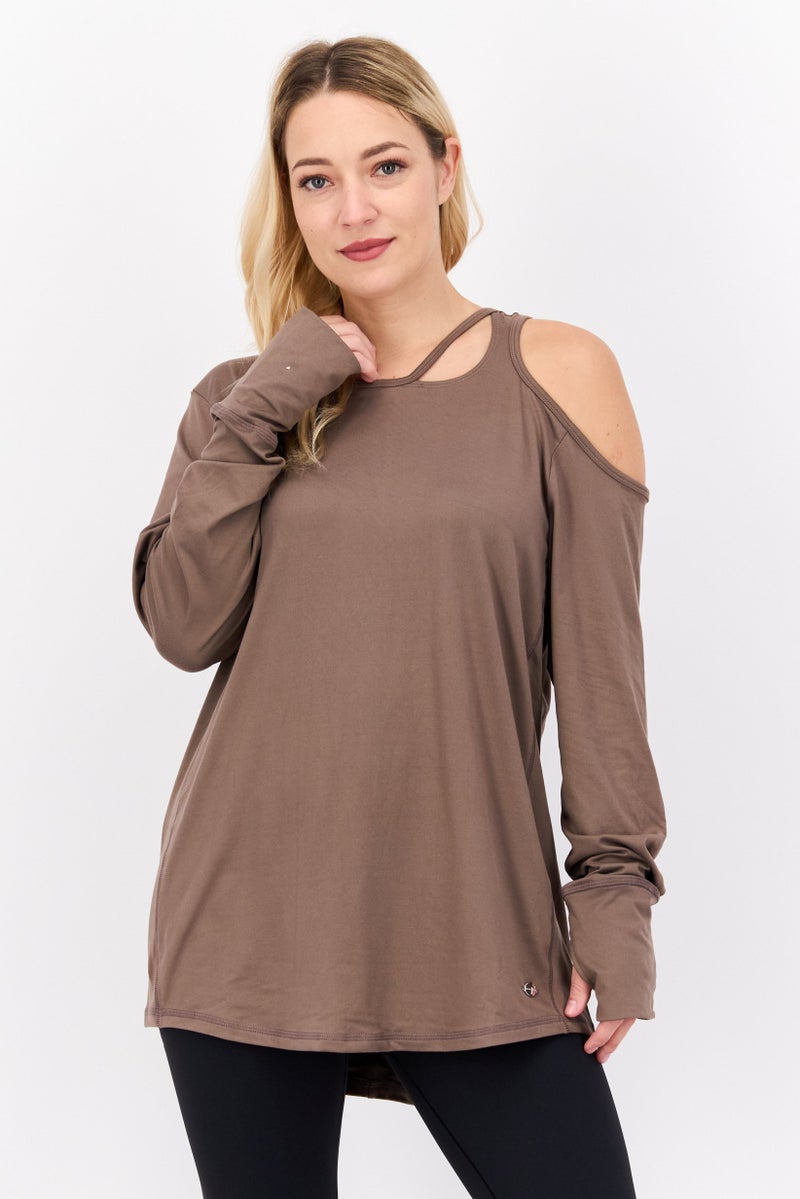 Tahari بلوزة رياضية نسائية بأكمام طويلة بسيطة، بني - Image 1