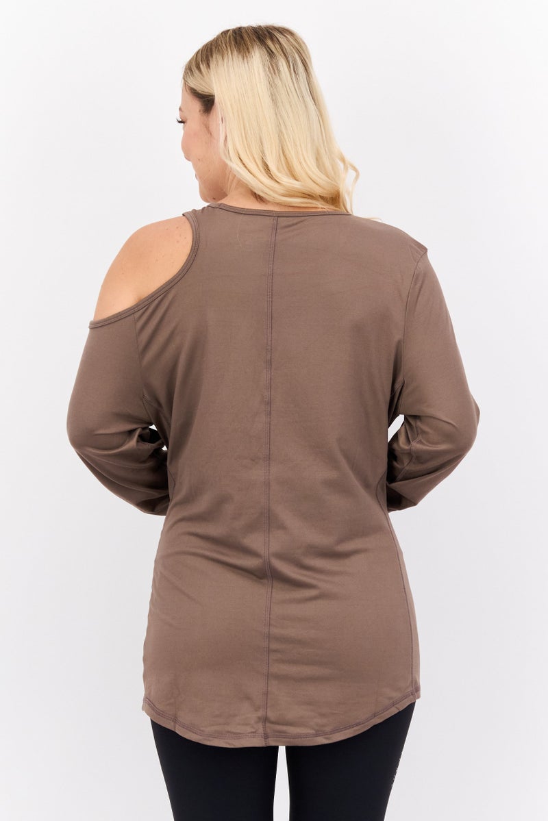 Tahari بلوزة رياضية نسائية بأكمام طويلة بسيطة، بني - Image 3