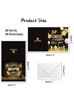 HOWAF 24 Pack Happy New Year Cards 2024 New Year Greeting Cards With Envelopes Happy New Year Card Winter Holiday Black Gold Greetings Cards New Year Gifts Presents For New Years Eve Party Supplies  - Image 2