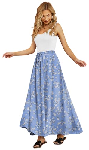 Yincro Women's Flowy Maxi Skirt Summer Pleated High Waisted Casual Long Skirts with Pockets (Blue White Flower, M) - Image 2