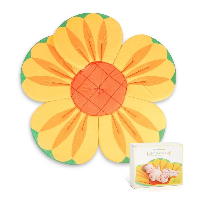 YooxArmor Baby Bath Pad for Infant Bathtub Sink, Non-Slip Flower Bathtub for Infants 0-6 Months, Soft Baby Sink Bath Cushion for Babies Bath Time, Newborns Bath Essentials Must Haves-Sunflower - Image 1