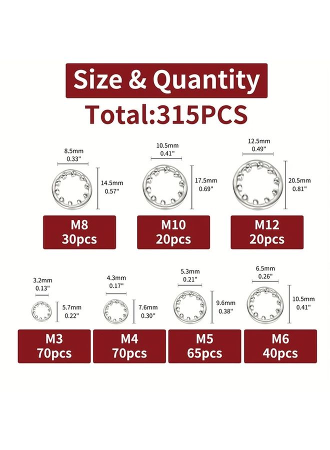 315pcs 304 Stainless Steel Internal Tooth Lock Washers Assortment Set 7 Sizes M3 to M12 - Image 2