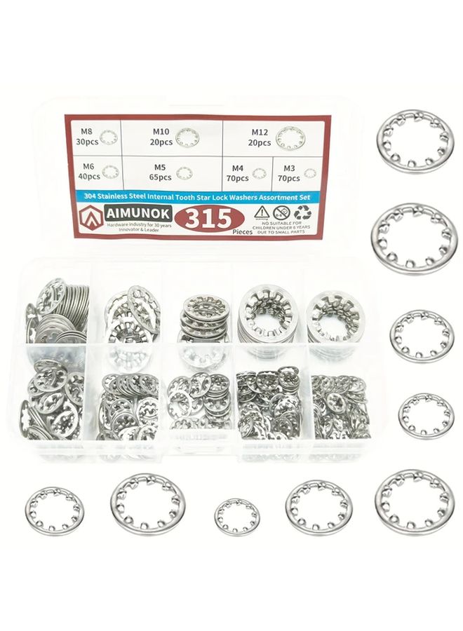 315pcs 304 Stainless Steel Internal Tooth Lock Washers Assortment Set 7 Sizes M3 to M12 - Image 1