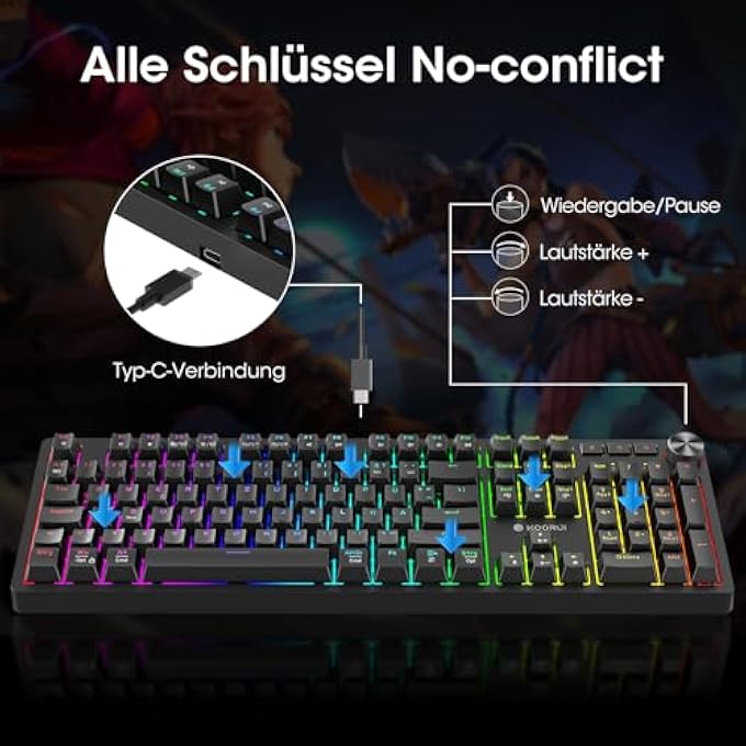 KOORUI GAMING KEYBOARD, QWERTZ MECHANICAL KEYBOARD GERMAN LAYOUT 104 KEYS 26 RGB BACKLIT WIRED GAMING KEYBOARD FOR WINDOWS MACOS LINUX BLUE SWITCH - Image 2