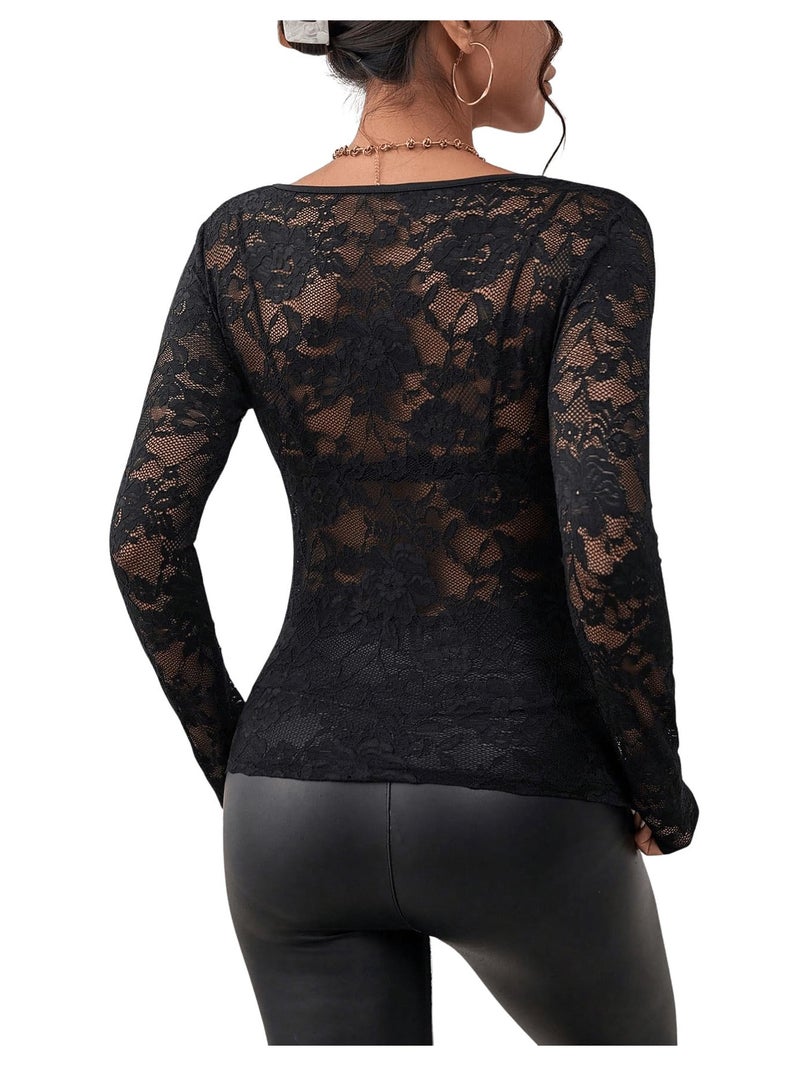 WDIRARA Women's Floral Embroidery Mesh Lace Round Neck Long Sleeve Top Scallop Trim Black XXL - Image 2
