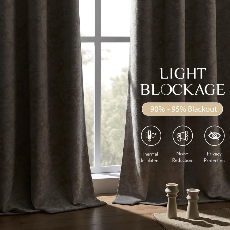 Beauoop Beige Floral Jacquard Blackout Curtains 96 Inches Long 2 Panels for Bedroom Living Room Taupe Flower Chenille Room Darkening Thermal Insulated Soundproof Grommet Window Treatments Drapes 52x96 - Image 3