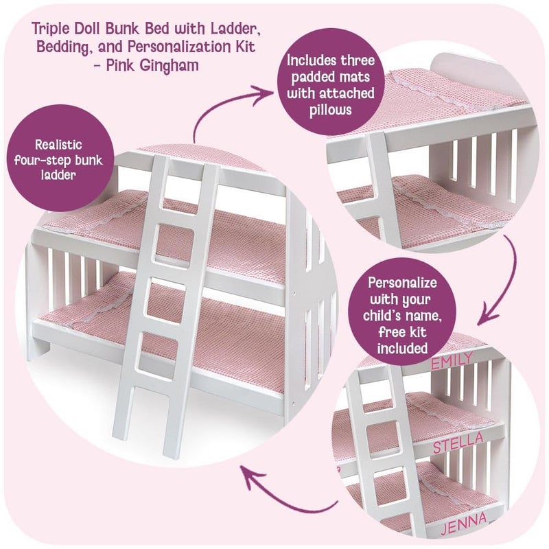 Badger Basket Triple Doll Bunk Bed with Ladder and Bedding for 20Inch Dolls  Pink Gingham Design with Personalization Kit - Image 3