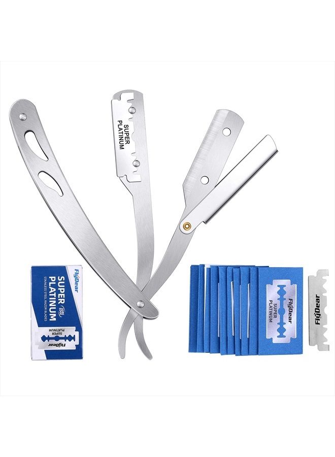 POP MODERN.C Professional Shaving Razors for Men Classic Straight Edge Barber Knife Razor with 110 Blades Salon Quality Stainless Steel Shavette Men's Manual Shaver Matte Silver Razor - Image 1