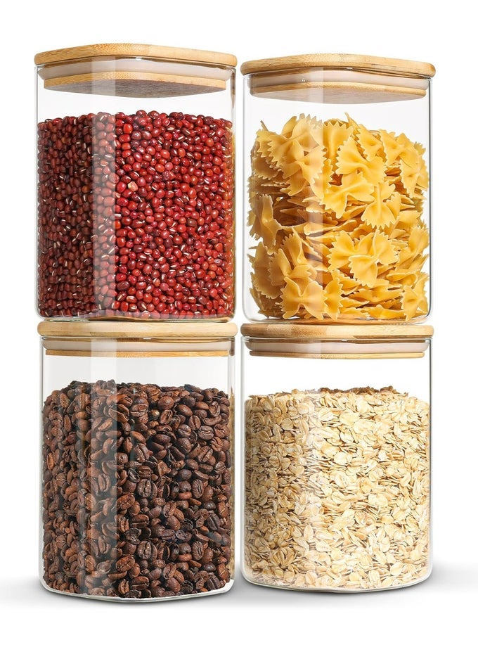 4-PIECE SET OF SQUARE GLASS STORAGE JARS WITH WOODEN LIDS, 1100ML/37OZ AIRTIGHT FOOD CONTAINERS, PRESERVATION JARS & STORAGE BOXES FOR PASTA, FLOUR, GRAINS, SPICES, TEA, COFFEE BEANS, & OTHER KITCHEN STAPLES - PERFECT FOR LONG-TERM FOOD PRESERVATION & ORGANIZATION