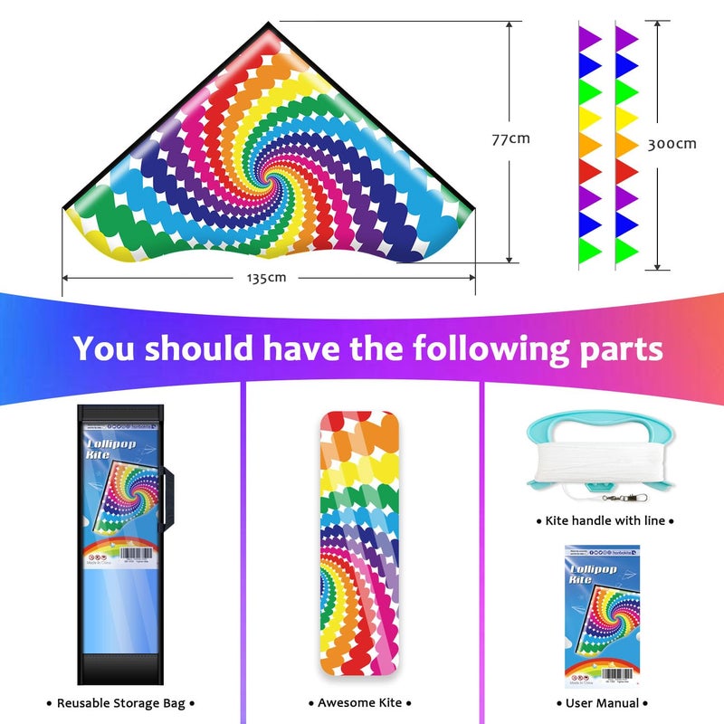 HONBO Lollipop Kite for Adults and Kids,Easy Flyer Large Kite with 2x11.5ft Detachable Tails, The Easiest Single Line Beach Kite, Comes with 200ft String Kite Handle (Lollipop) - Image 5