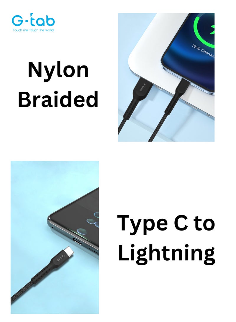 G-Tab GCL01, High Quality Cable,  3A, AWG 24/30, 480 Mbps Data Transfer Rate, Fast Charging, Nylon Braided, 1.5 M Long, Type - C to Lightning Cable for iPhone, iPad, iPod, MacBook - Image 4