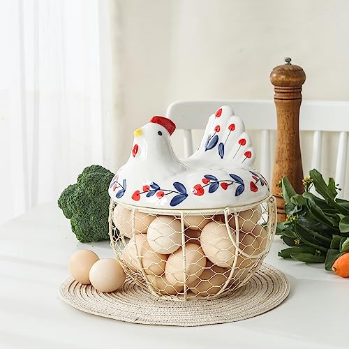 oskas Chicken Egg Holder, Fresh Egg Storage Basket Countertop,Decorative Ceramic Lid with Wire Basket,Holds 2 Dozen Egg, White3 - Image 2