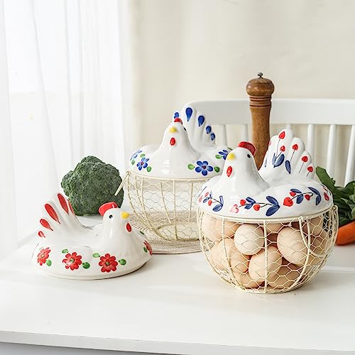 oskas Chicken Egg Holder, Fresh Egg Storage Basket Countertop,Decorative Ceramic Lid with Wire Basket,Holds 2 Dozen Egg, White3 - Image 5