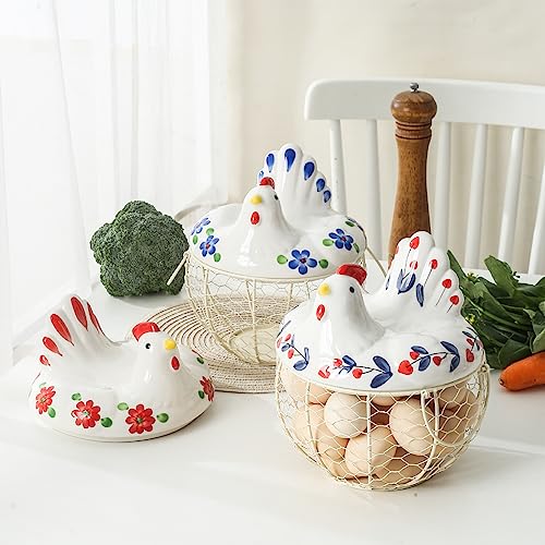 oskas Chicken Egg Holder, Fresh Egg Storage Basket Countertop,Decorative Ceramic Lid with Wire Basket,Holds 2 Dozen Egg, White3 - Image 3