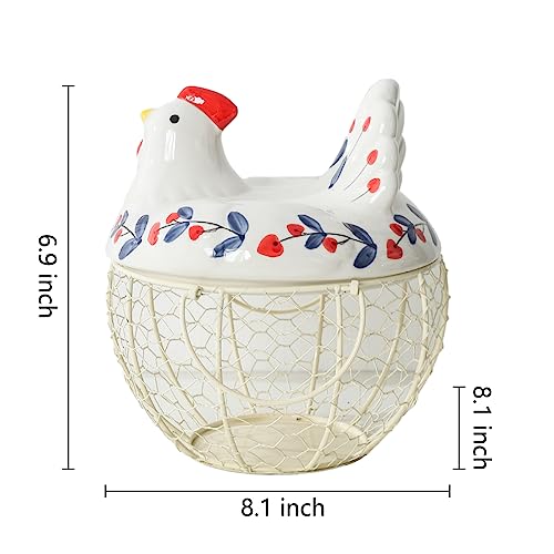 oskas Chicken Egg Holder, Fresh Egg Storage Basket Countertop,Decorative Ceramic Lid with Wire Basket,Holds 2 Dozen Egg, White3 - Image 4