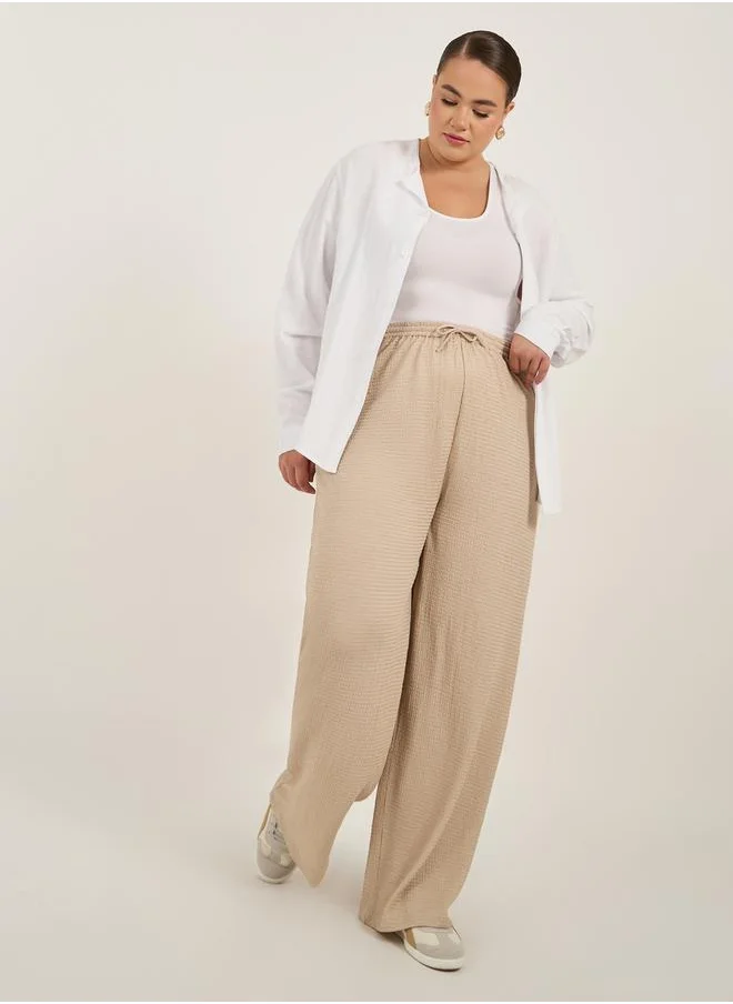 Styli Plus Size Textured Wide Leg Trousers with Drawstring