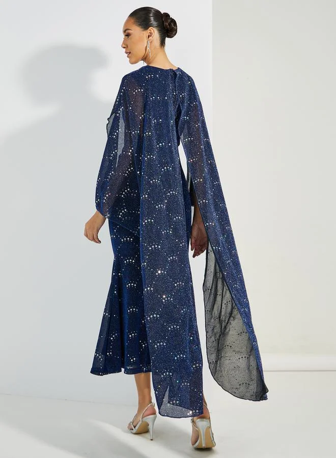 Styli Embellished Cape Sleeves Twist Front Maxi Dress