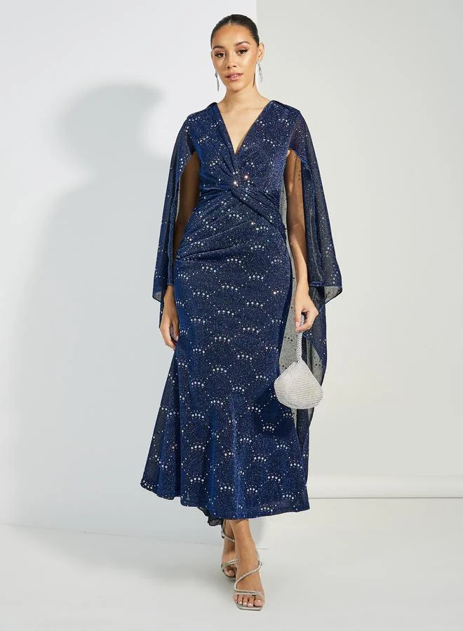 Styli Embellished Cape Sleeves Twist Front Maxi Dress
