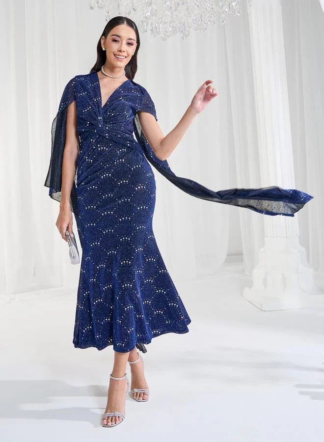 Styli Embellished Cape Sleeves Twist Front Maxi Dress