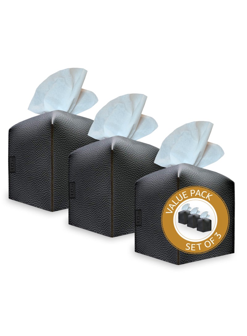 LeArt Leather Tissue Box Cover – Home Decorations for Living Room, Bedroom and Office | Car Tissue Holder | Tissue Box Holder for Car | Tissue Box Cover for Car (Black Cube - Pack of 3)  - Image 1