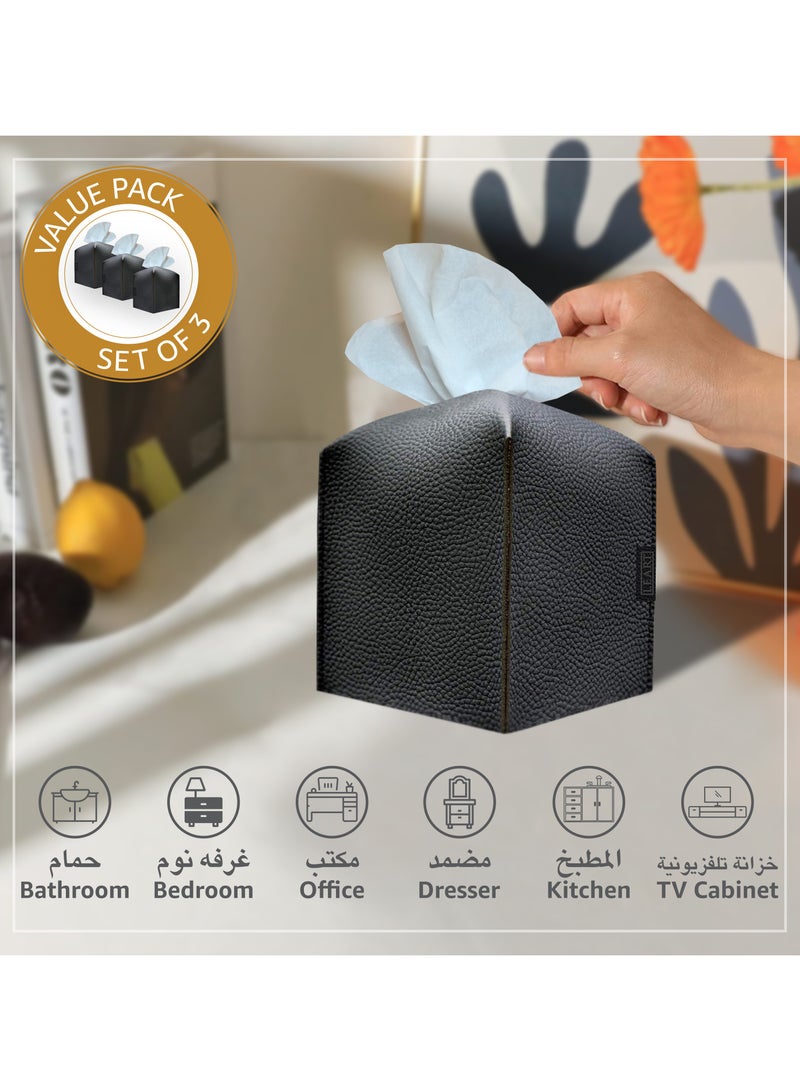 LeArt Leather Tissue Box Cover – Home Decorations for Living Room, Bedroom and Office | Car Tissue Holder | Tissue Box Holder for Car | Tissue Box Cover for Car (Black Cube - Pack of 3)  - Image 2