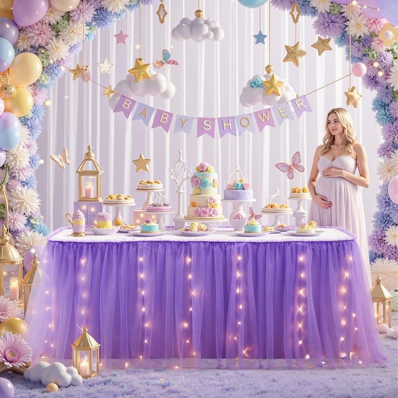 Shillance Store 17FT Purple Tulle Table Skirt for Rectangle or Round Tables Purple Tutu Table Skirt with LED Lights for Birthday Party Baby Shower Desk Skirt for Princess Wedding Banquet Cake Dessert Decorations - Image 1