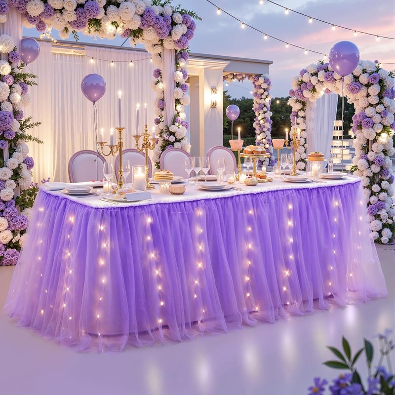 Shillance Store 17FT Purple Tulle Table Skirt for Rectangle or Round Tables Purple Tutu Table Skirt with LED Lights for Birthday Party Baby Shower Desk Skirt for Princess Wedding Banquet Cake Dessert Decorations - Image 3